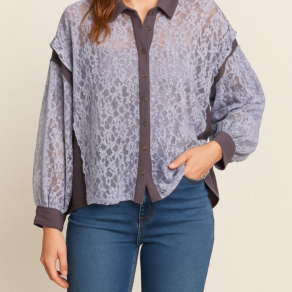POL Lavender Purple Oversized Sheer Lace Button Down Blouse Top Romantic Large